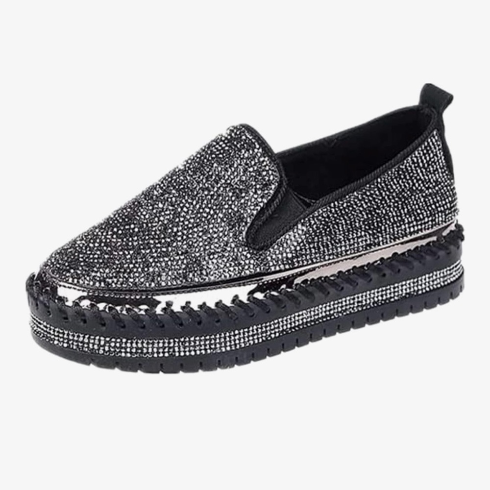 Jolimall Slip-On Sparkle Black Platform Sneakers - 9
